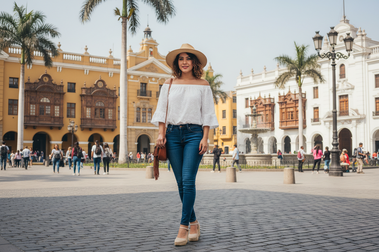 imagen de una modelo usando skinny jeans en el centro de lima peru